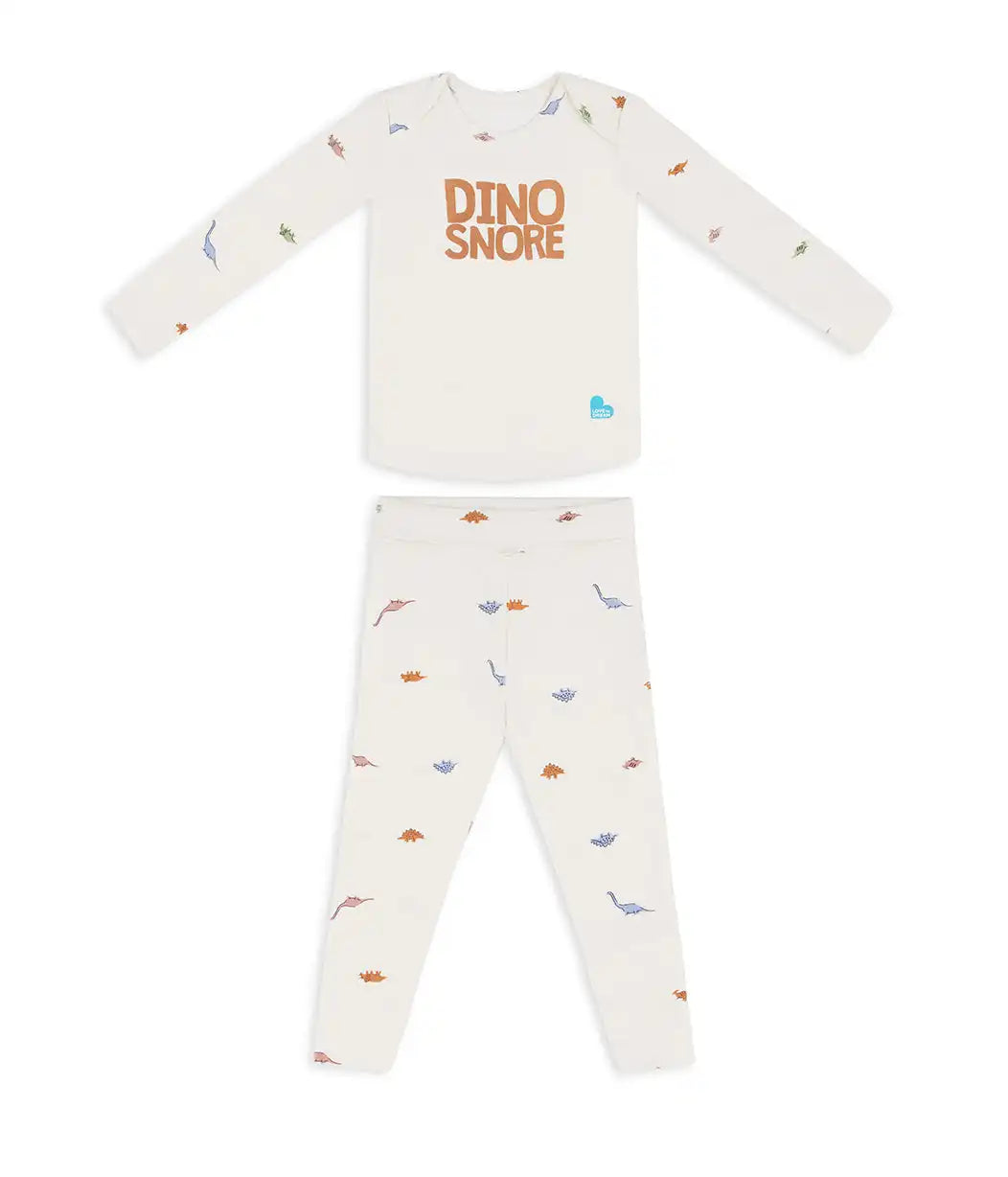 Kids Pajama Set Long Sleeve Snug Fit Viscose from Bamboo Cream Dino Snore