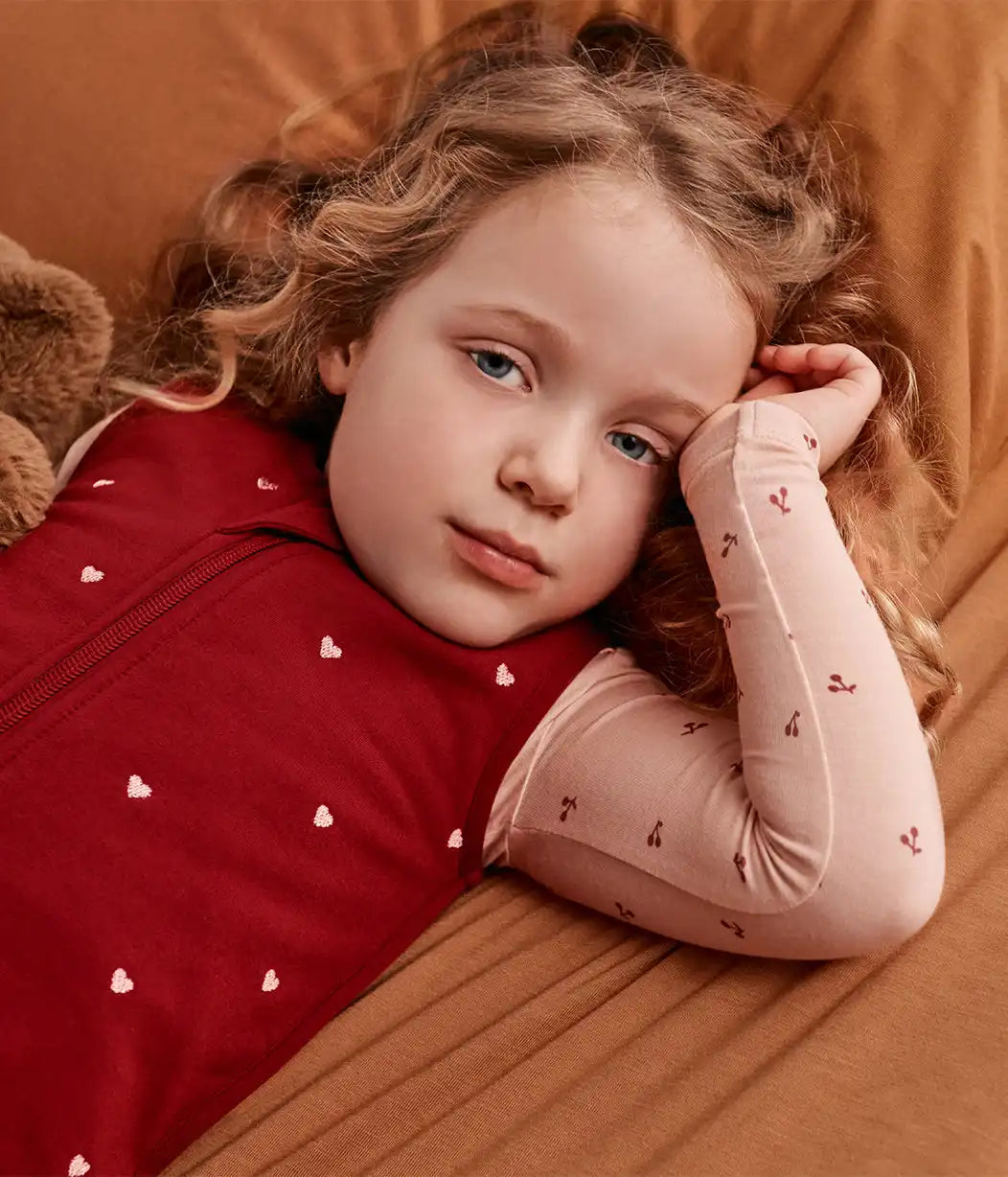 Sleep Bag Sleeveless 1.5 TOG Cotton Fleece Maroon Hearts Embroidery