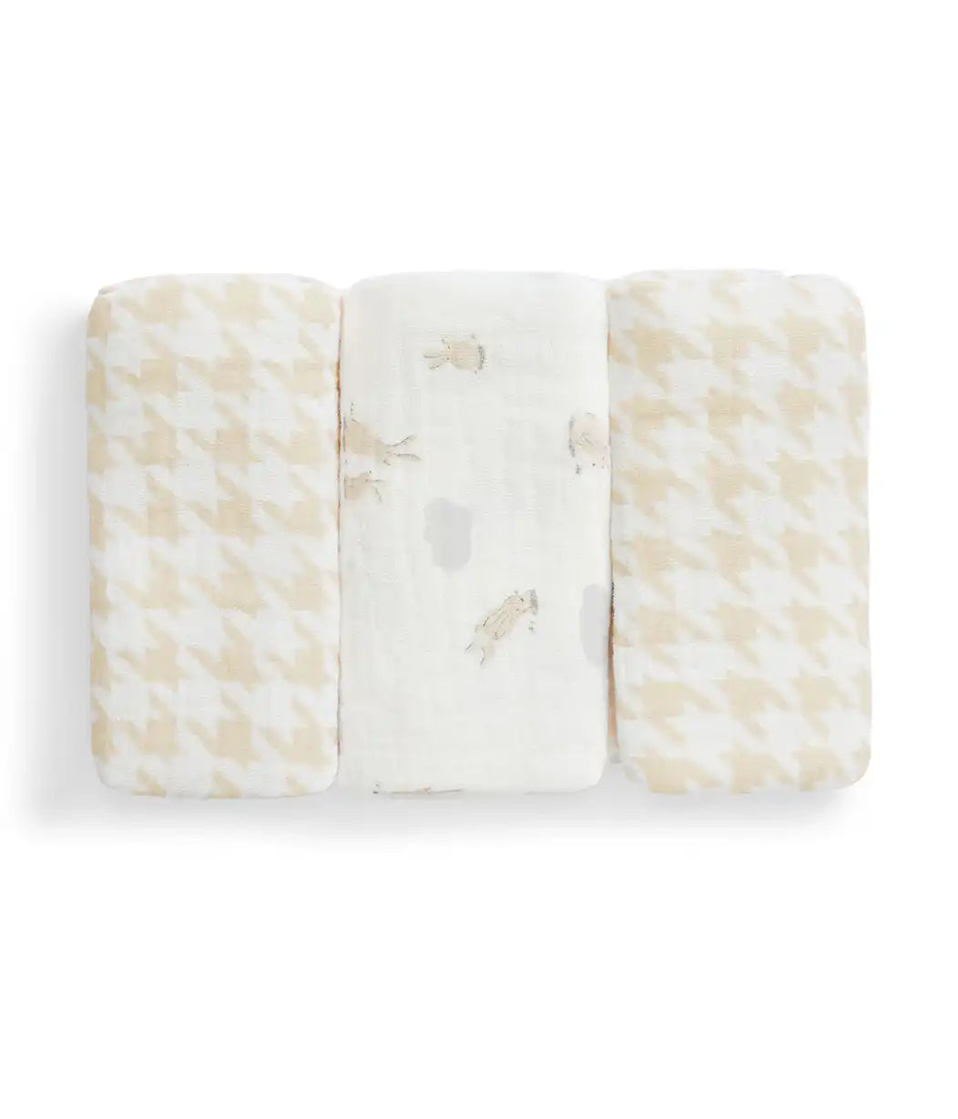 Wash Cloth 3 Pack Muslin White Mini Cloud Bunnies