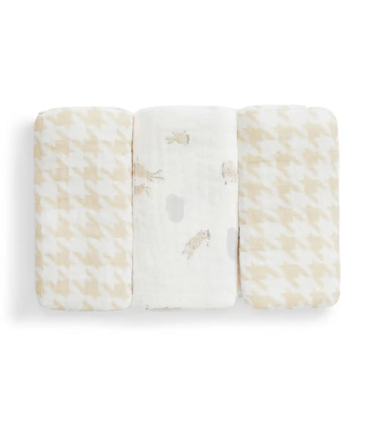 Wash Cloth 3 Pack Muslin White Mini Cloud Bunnies