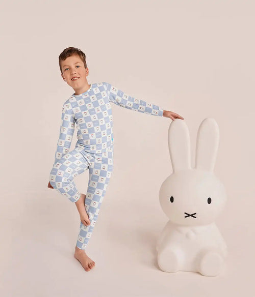 Kids Pajama Set Long Sleeve Snug Fit Viscose from Bamboo Blue Miffy Checker