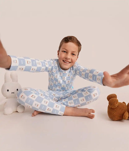 Kids Pajama Set Long Sleeve Snug Fit Viscose from Bamboo Blue Miffy Checker