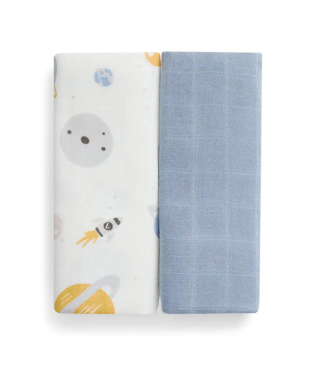 Burp Cloth 2 Pack Muslin Mist Blue Rocket